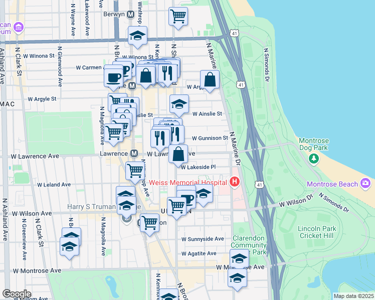 map of restaurants, bars, coffee shops, grocery stores, and more near 920 West Lawrence Avenue in Chicago