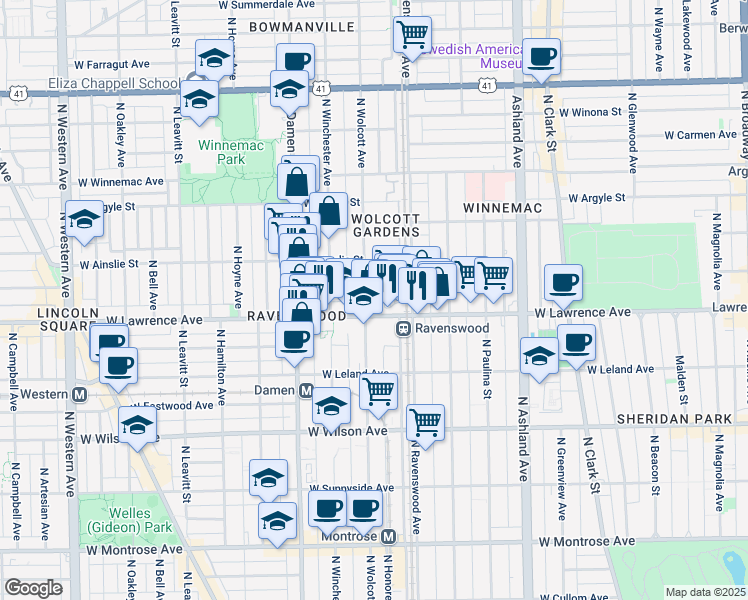 map of restaurants, bars, coffee shops, grocery stores, and more near 4817 North Wolcott Avenue in Chicago