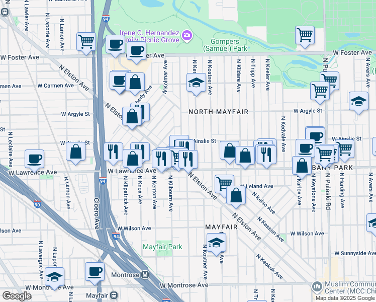 map of restaurants, bars, coffee shops, grocery stores, and more near 4448 West Gunnison Street in Chicago