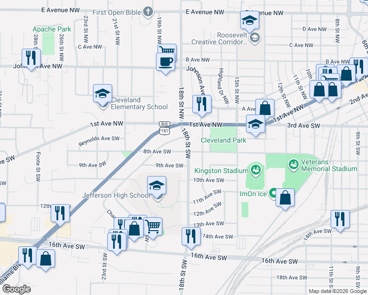 map of restaurants, bars, coffee shops, grocery stores, and more near 1800 Chandler St SW in Cedar Rapids
