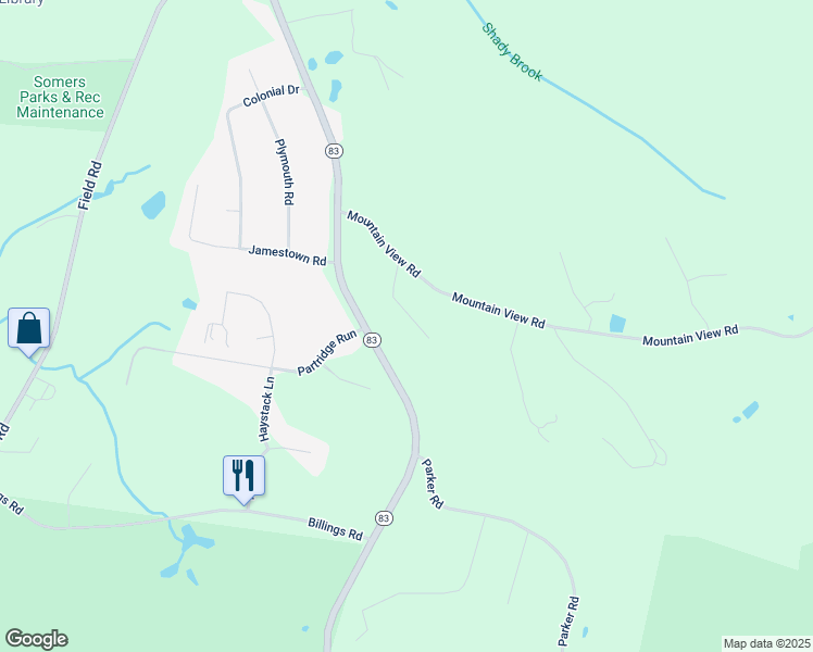 map of restaurants, bars, coffee shops, grocery stores, and more near 23 Milridge Road in Somers