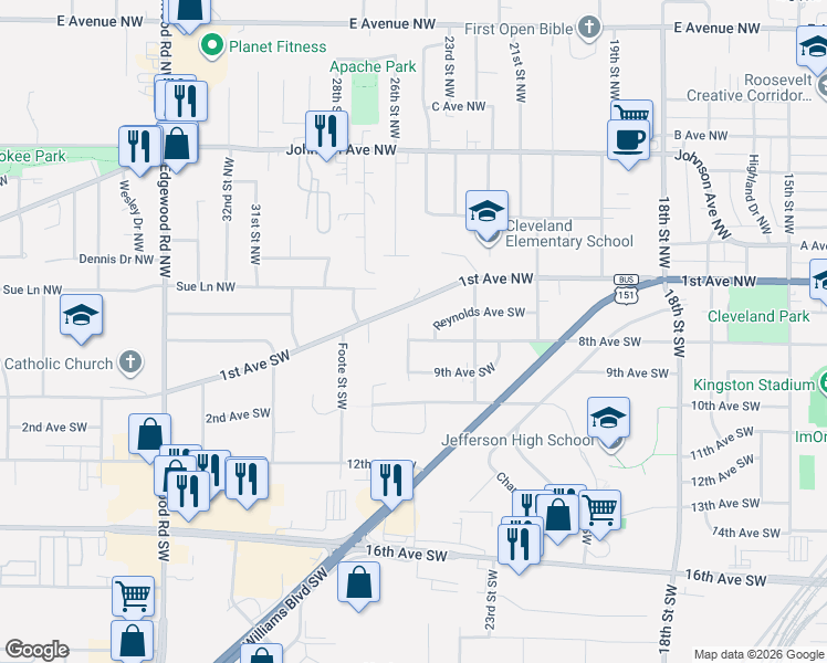 map of restaurants, bars, coffee shops, grocery stores, and more near 2600 1st Avenue Northwest in Cedar Rapids