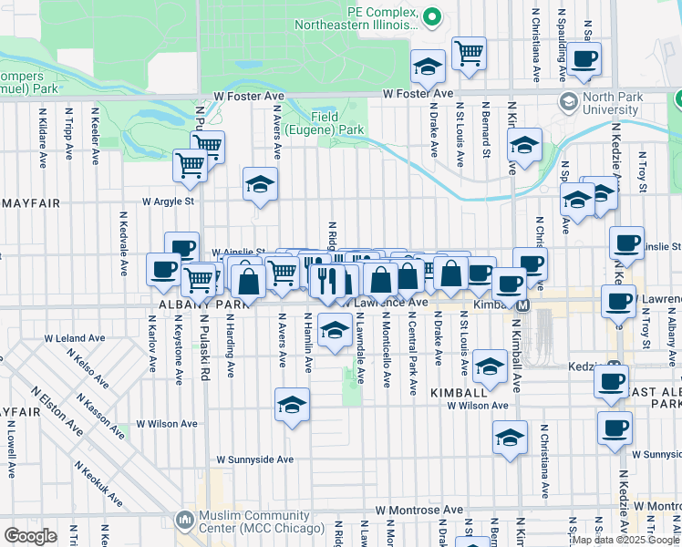 map of restaurants, bars, coffee shops, grocery stores, and more near 4833 North Ridgeway Avenue in Chicago