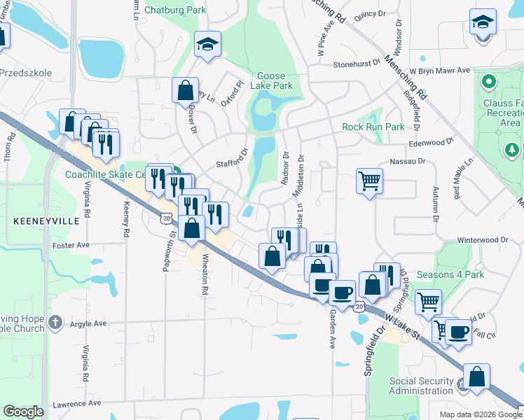 map of restaurants, bars, coffee shops, grocery stores, and more near 724 Rodenburg Road in Roselle