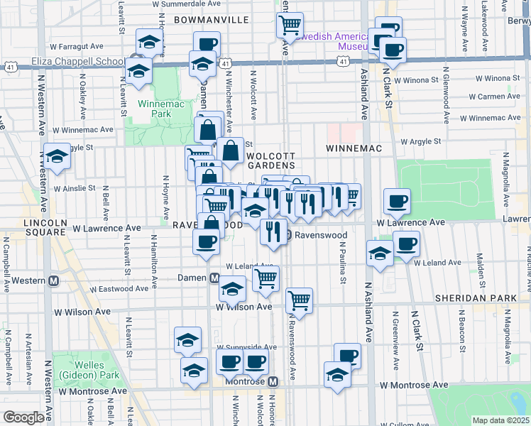map of restaurants, bars, coffee shops, grocery stores, and more near 1802 West Lawrence Avenue in Chicago