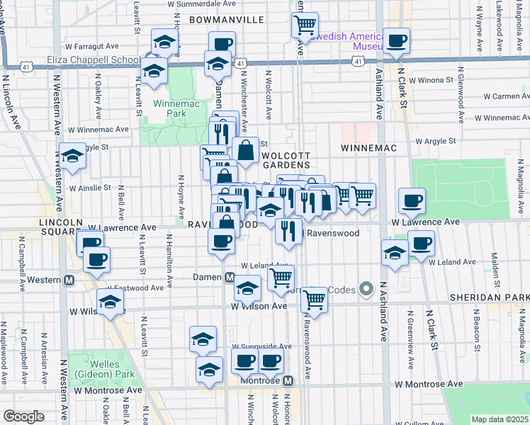 map of restaurants, bars, coffee shops, grocery stores, and more near 4838 North Wolcott Avenue in Chicago