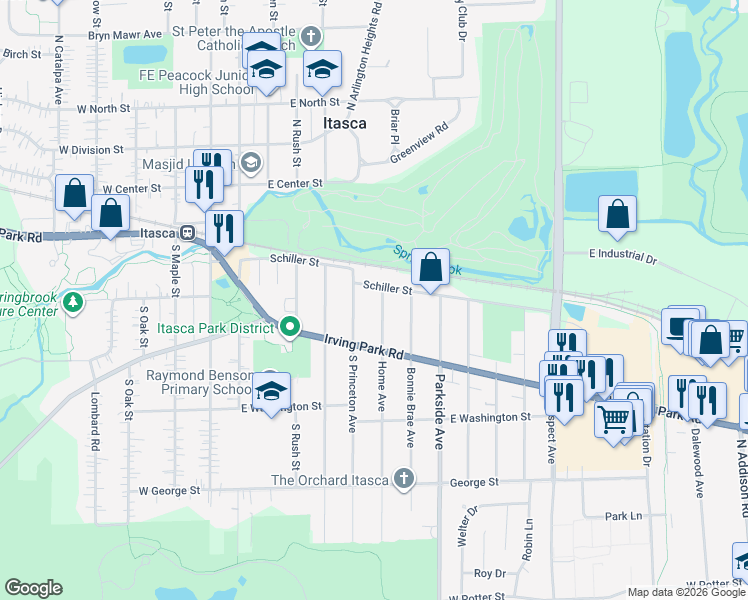 map of restaurants, bars, coffee shops, grocery stores, and more near 605 Schiller Street in Itasca