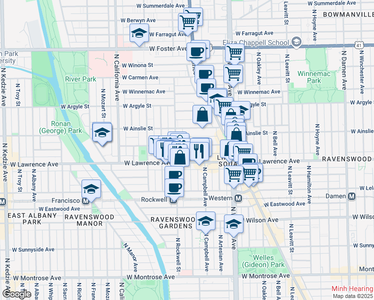 map of restaurants, bars, coffee shops, grocery stores, and more near 2540 West Gunnison Street in Chicago