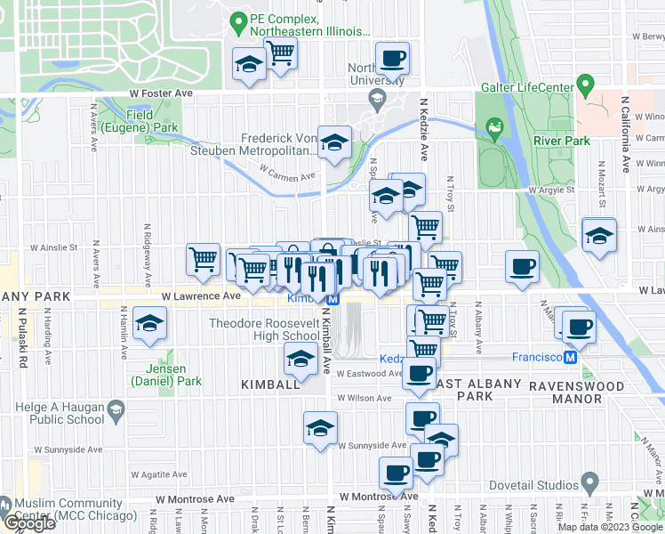 map of restaurants, bars, coffee shops, grocery stores, and more near 4831 North Kimball Avenue in Chicago