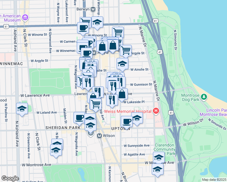 map of restaurants, bars, coffee shops, grocery stores, and more near 1020 West Lawrence Avenue in Chicago