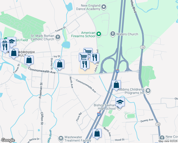 map of restaurants, bars, coffee shops, grocery stores, and more near Triboro Plaza in North Attleborough