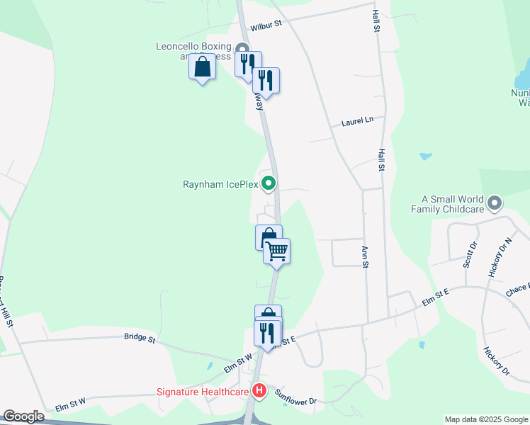 map of restaurants, bars, coffee shops, grocery stores, and more near 1539 Broadway in Raynham