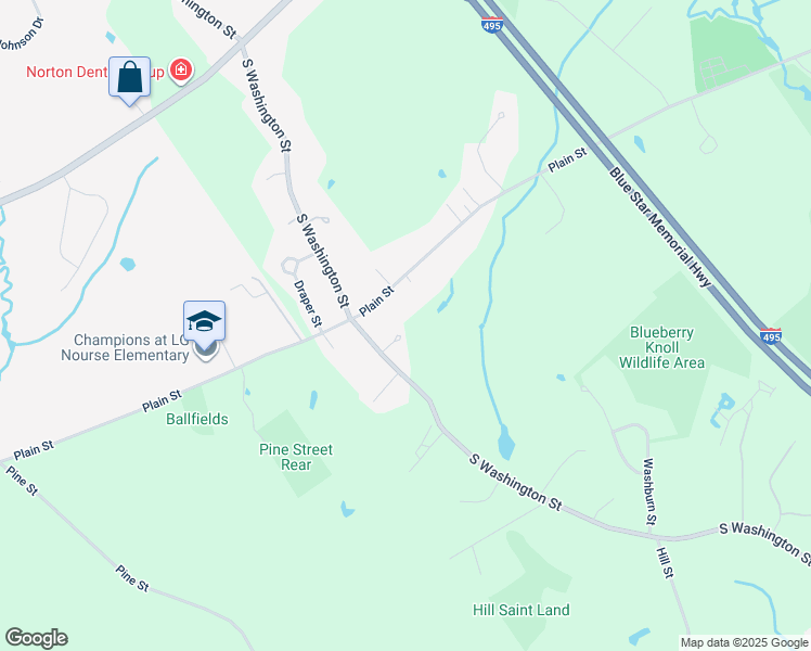 map of restaurants, bars, coffee shops, grocery stores, and more near 95 Plain Street in Norton