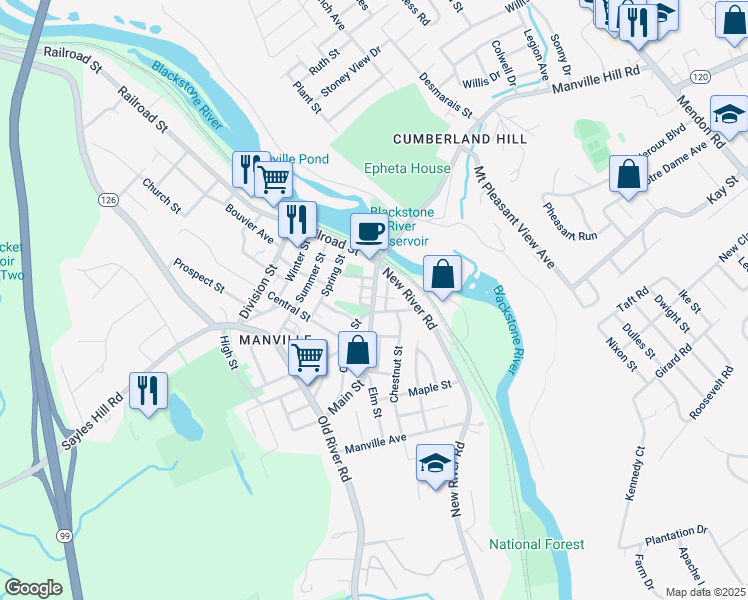 map of restaurants, bars, coffee shops, grocery stores, and more near 30 Main Street in Lincoln