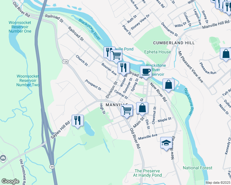 map of restaurants, bars, coffee shops, grocery stores, and more near 6 Church Street in Lincoln