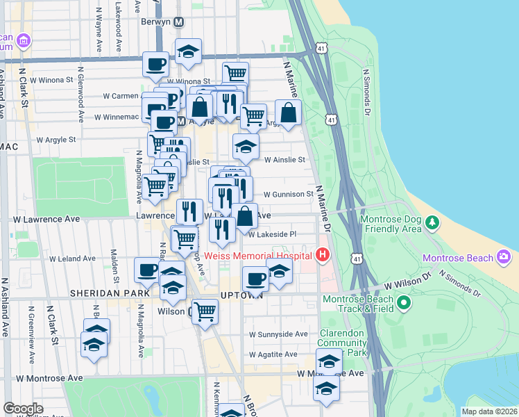map of restaurants, bars, coffee shops, grocery stores, and more near 939 West Gunnison Street in Chicago
