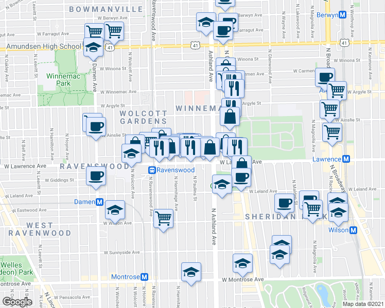 map of restaurants, bars, coffee shops, grocery stores, and more near 4839 North Paulina Street in Chicago