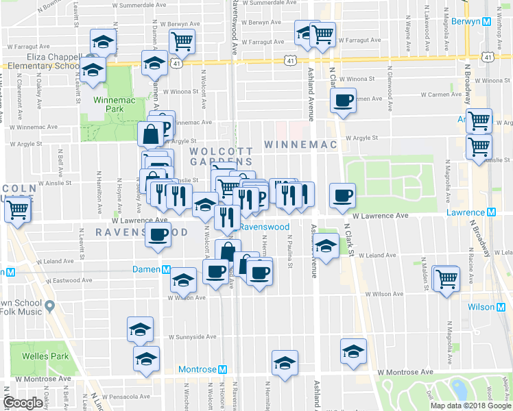 map of restaurants, bars, coffee shops, grocery stores, and more near 4845 North Ravenswood Avenue in Chicago