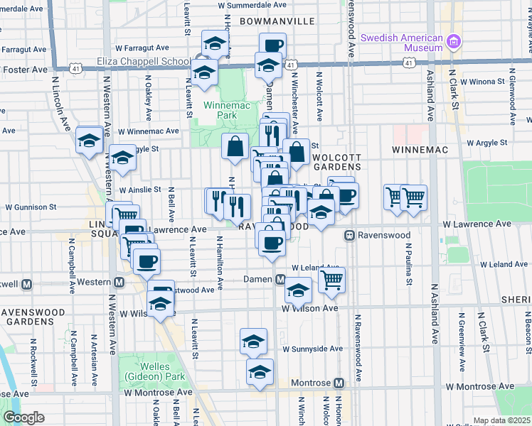 map of restaurants, bars, coffee shops, grocery stores, and more near 4842 North Damen Avenue in Chicago