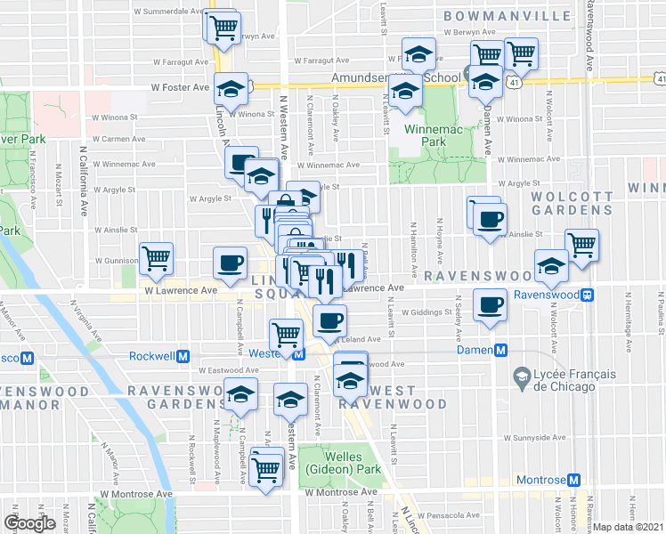 map of restaurants, bars, coffee shops, grocery stores, and more near 4846 North Oakley Avenue in Chicago