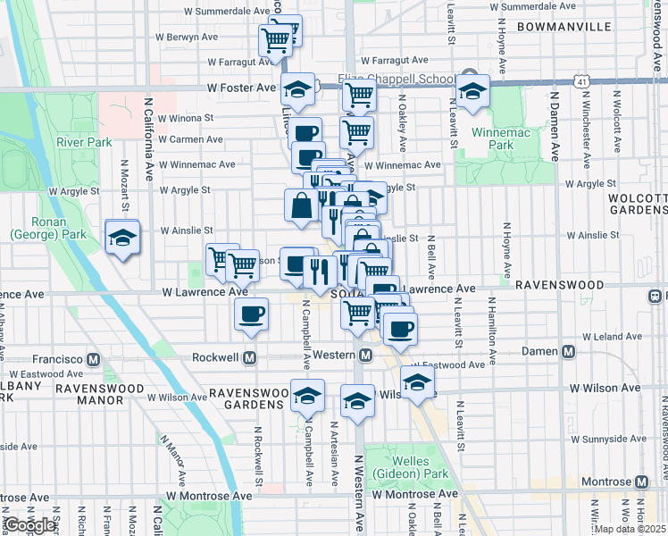 map of restaurants, bars, coffee shops, grocery stores, and more near 4854 North Lincoln Avenue in Chicago