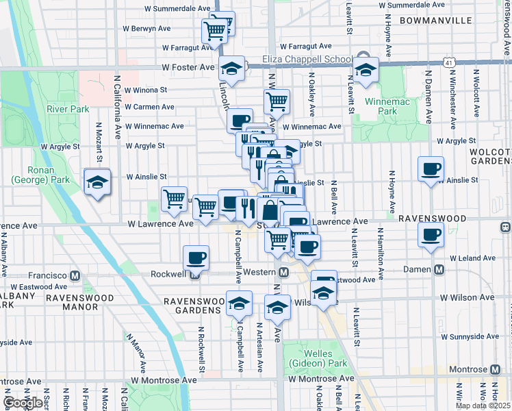 map of restaurants, bars, coffee shops, grocery stores, and more near 4854 North Lincoln Avenue in Chicago