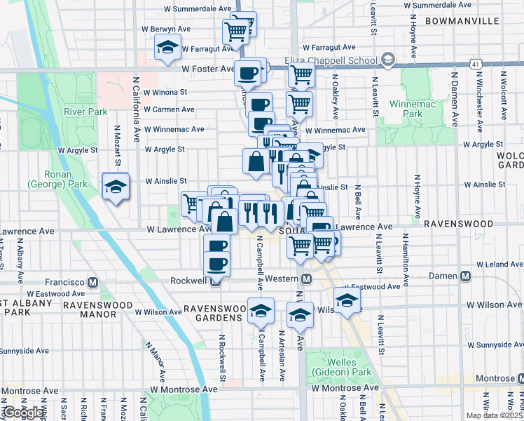 map of restaurants, bars, coffee shops, grocery stores, and more near 2500 West Gunnison Street in Chicago