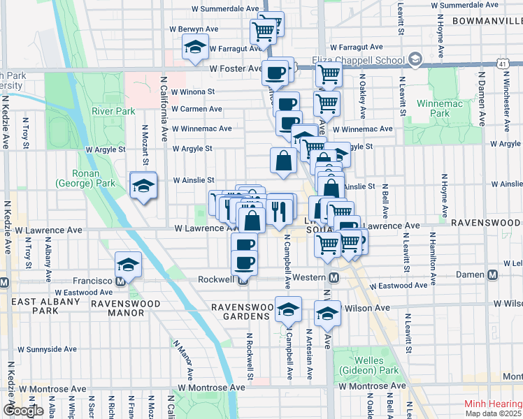 map of restaurants, bars, coffee shops, grocery stores, and more near 2540 West Gunnison Street in Chicago