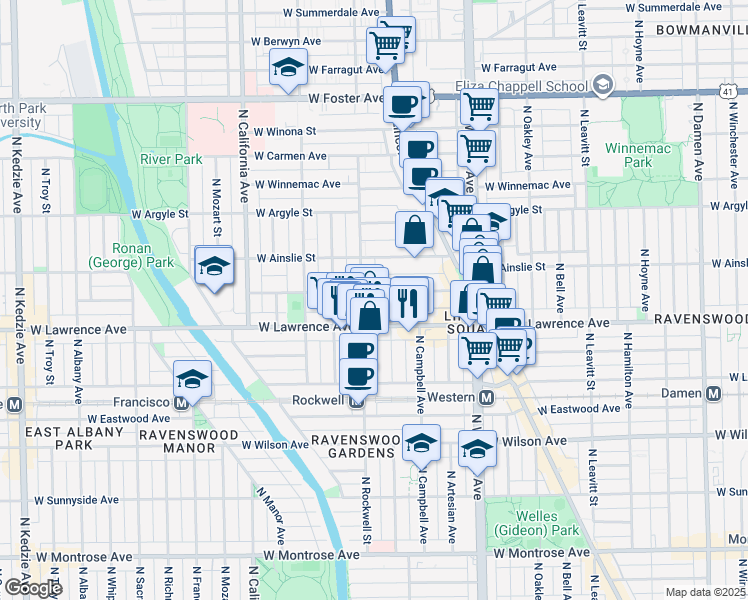 map of restaurants, bars, coffee shops, grocery stores, and more near 2540 West Gunnison Street in Chicago