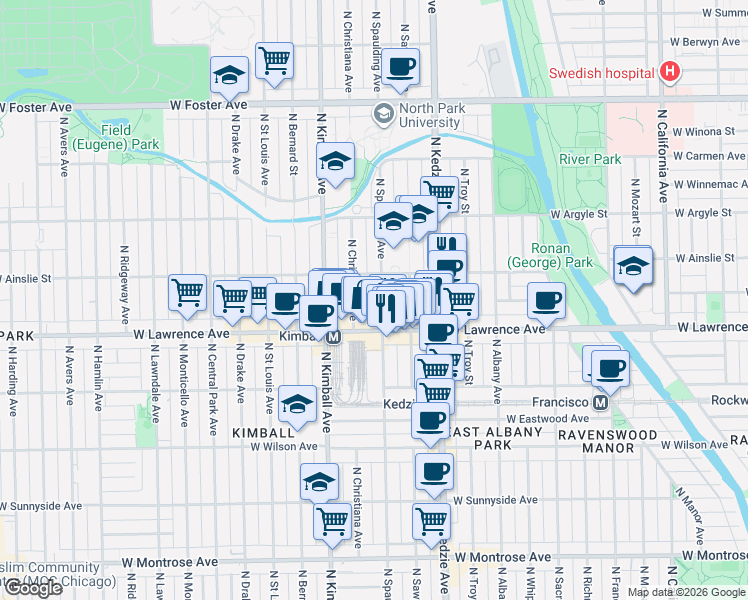 map of restaurants, bars, coffee shops, grocery stores, and more near 4850 North Spaulding Avenue in Chicago