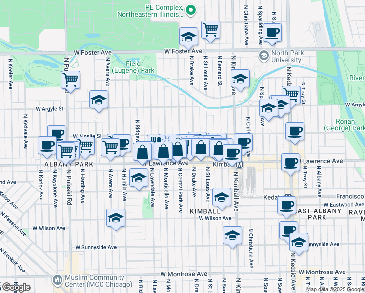 map of restaurants, bars, coffee shops, grocery stores, and more near 3601 West Ainslie Street in Chicago