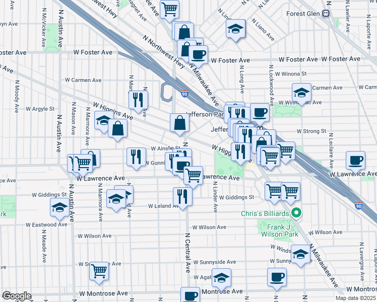 map of restaurants, bars, coffee shops, grocery stores, and more near 5601 West Higgins Avenue in Chicago