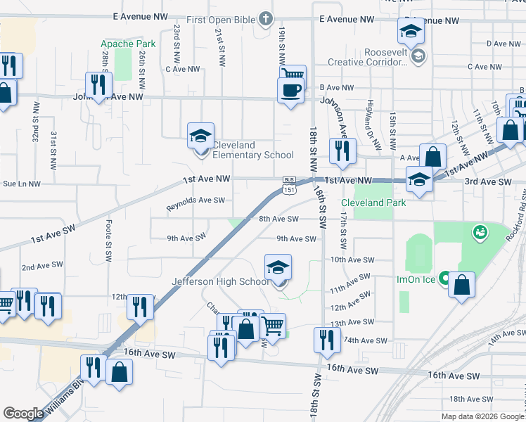 map of restaurants, bars, coffee shops, grocery stores, and more near 1904 Williams Boulevard Southwest in Cedar Rapids