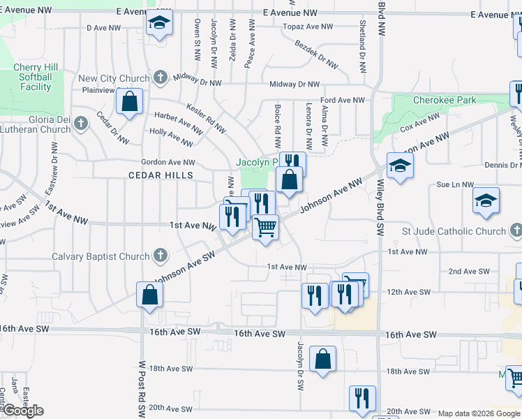 map of restaurants, bars, coffee shops, grocery stores, and more near 166 Jacolyn Drive Northwest in Cedar Rapids