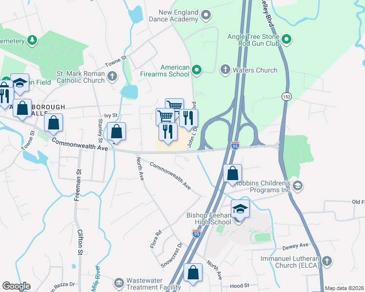 map of restaurants, bars, coffee shops, grocery stores, and more near 55 Robert F Toner Boulevard in North Attleborough