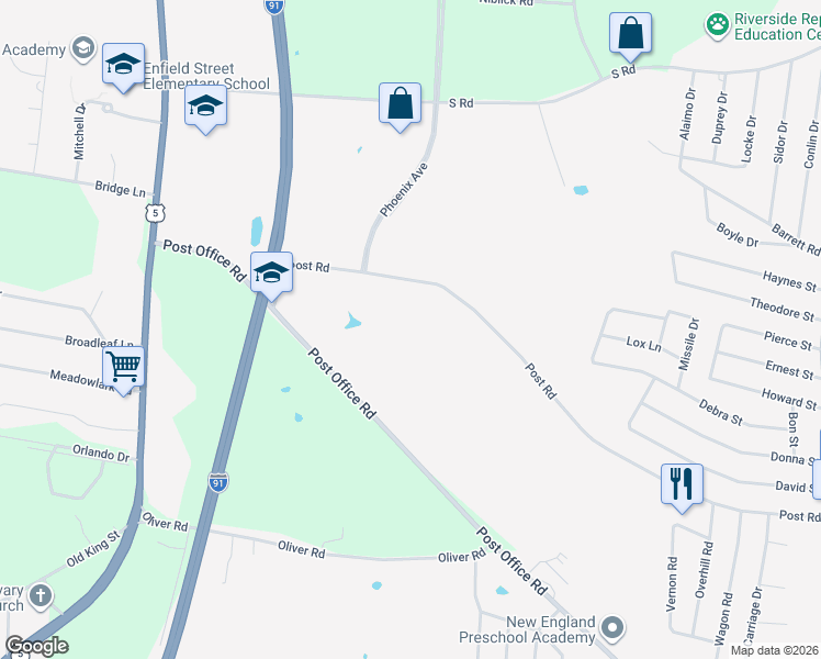 map of restaurants, bars, coffee shops, grocery stores, and more near 93 Post Road in Enfield