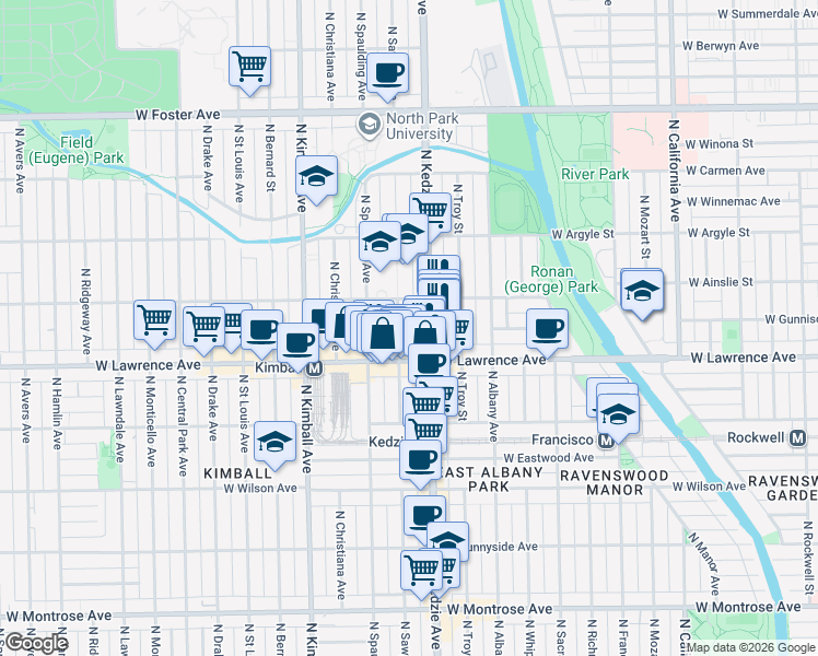 map of restaurants, bars, coffee shops, grocery stores, and more near 4831 North Sawyer Avenue in Chicago