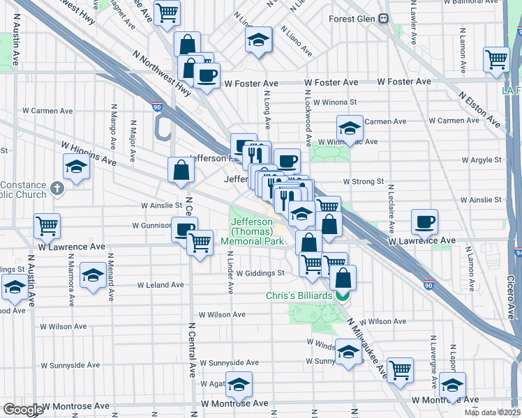 map of restaurants, bars, coffee shops, grocery stores, and more near 5448 West Higgins Avenue in Chicago