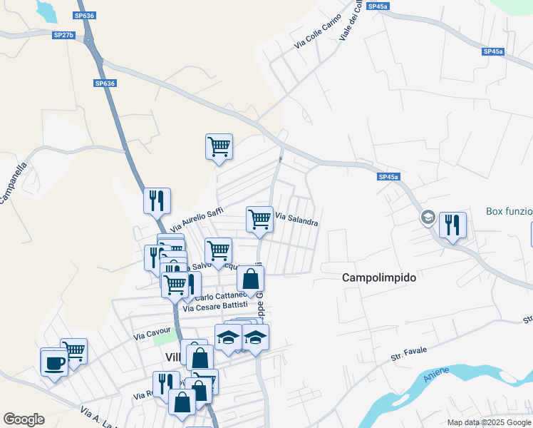 map of restaurants, bars, coffee shops, grocery stores, and more near 63 Via Giovanni Battista Rossi in Villanova