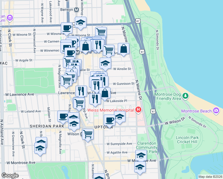 map of restaurants, bars, coffee shops, grocery stores, and more near 939 West Gunnison Street in Chicago
