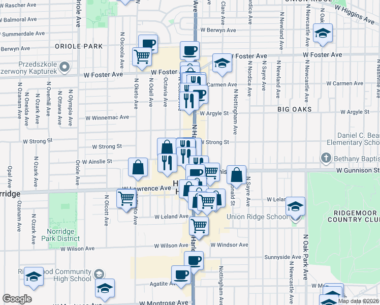 map of restaurants, bars, coffee shops, grocery stores, and more near 4859 North Harlem Avenue in Harwood Heights