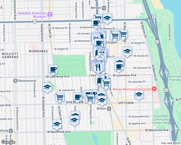 map of restaurants, bars, coffee shops, grocery stores, and more near 4832 North Magnolia Avenue in Chicago
