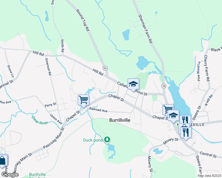 map of restaurants, bars, coffee shops, grocery stores, and more near 16 Granite Street in Burrillville