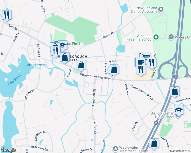 map of restaurants, bars, coffee shops, grocery stores, and more near Commonwealth Avenue in North Attleborough