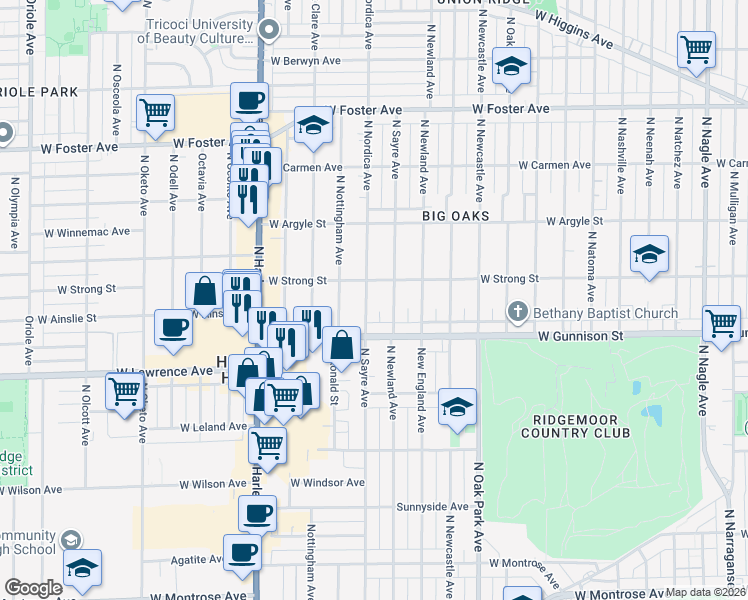 map of restaurants, bars, coffee shops, grocery stores, and more near 4856 North Nordica Avenue in Chicago