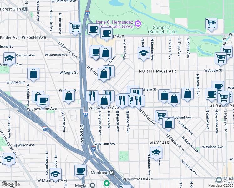 map of restaurants, bars, coffee shops, grocery stores, and more near 4908 North Kentucky Avenue in Chicago