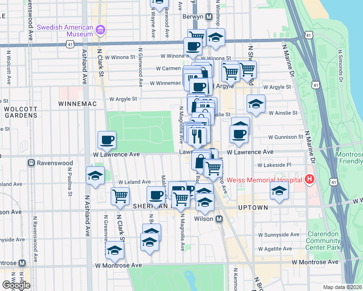 map of restaurants, bars, coffee shops, grocery stores, and more near 4832 North Magnolia Avenue in Chicago