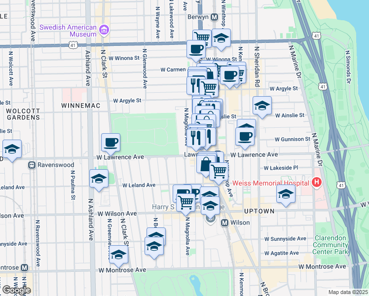map of restaurants, bars, coffee shops, grocery stores, and more near 4832 North Magnolia Avenue in Chicago