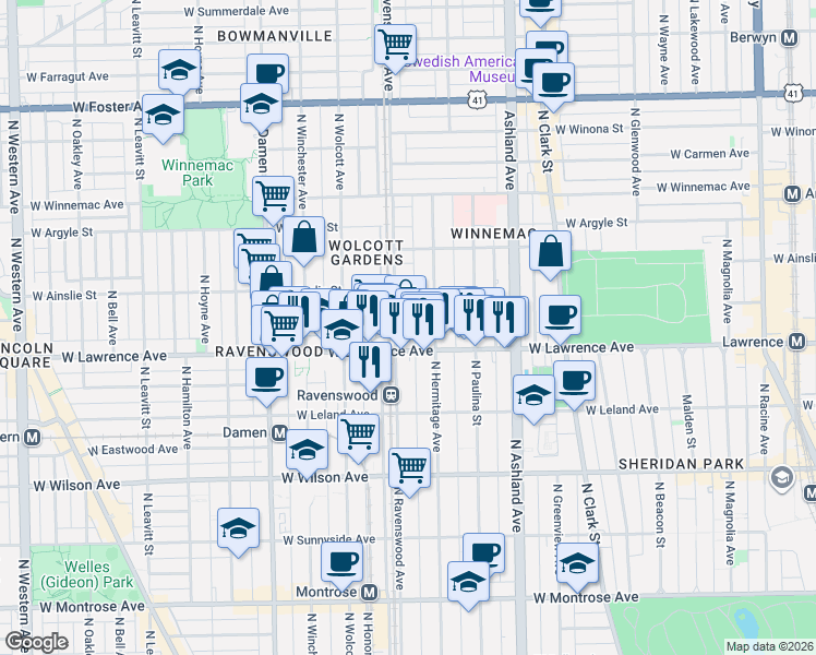 map of restaurants, bars, coffee shops, grocery stores, and more near 4845 North Ravenswood Avenue in Chicago