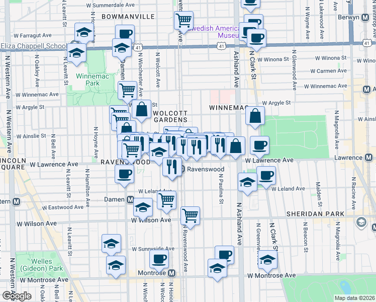 map of restaurants, bars, coffee shops, grocery stores, and more near 4845 North Ravenswood Avenue in Chicago